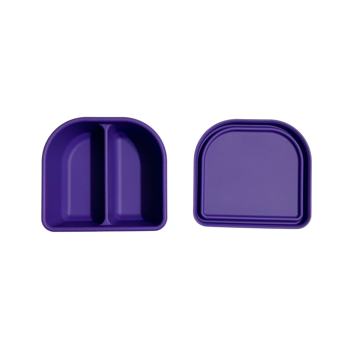 Purple divided lunch container and lid on a light gray background